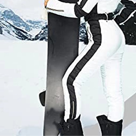 Pants - S - 2XL winter SNOWSUIT white album black stripe womens skisuit belted insulated